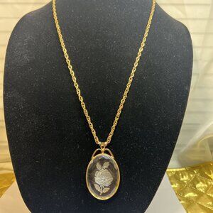 Vintage gold tone chain Necklace with Lucite pendant reverse carved‎ rose flower